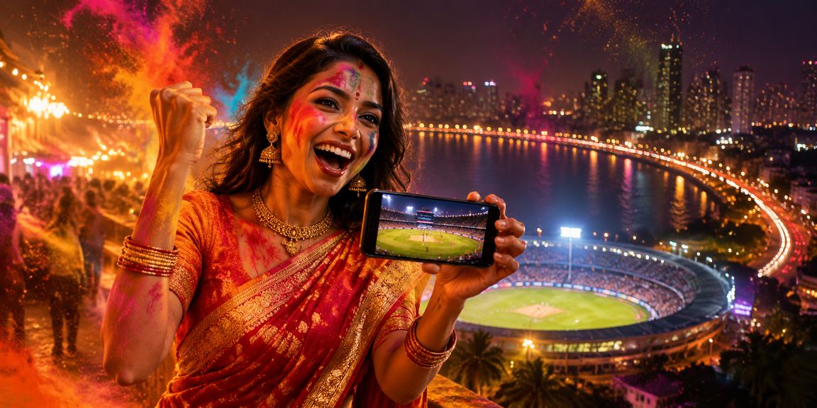 Woman placing sports bet on mobile in Mumbai